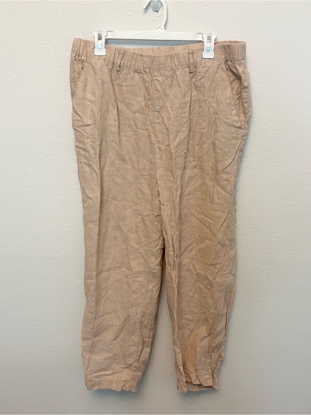 Quince 100% European Linen Pants Driftwood Stretch Elastic Waist Size L Pockets